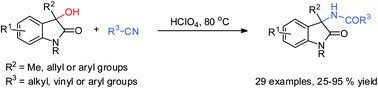 Graphical abstract:A catalytic metal-free Ritter reaction to 3-substituted 3-aminooxindoles