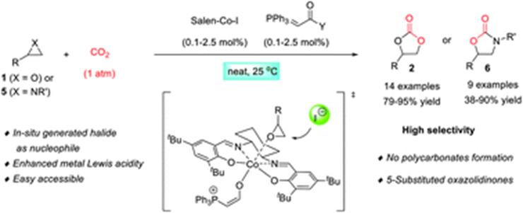 Graphical abstract:Activation of (salen)CoI complex by phosphorane for carbon dioxide transformation at ambient temperature and pressure